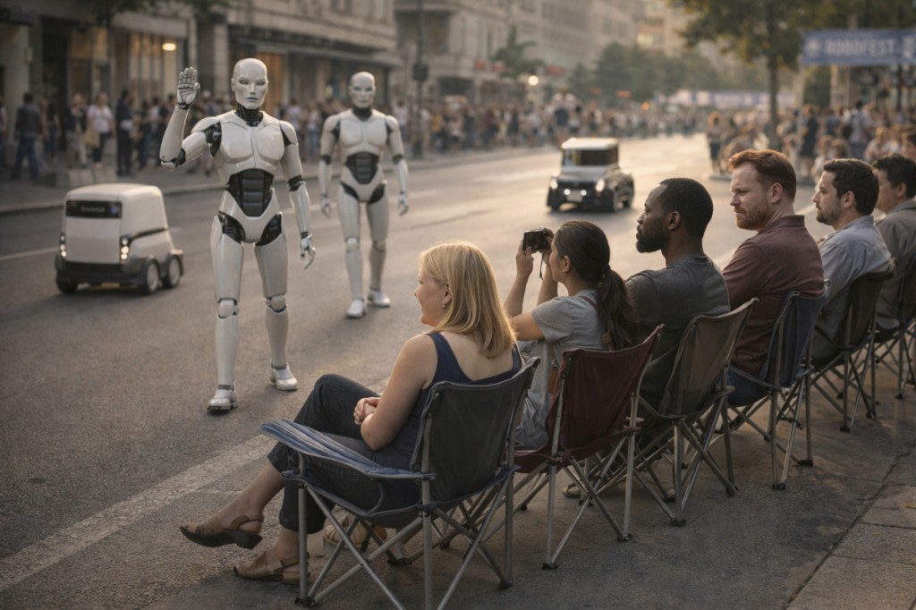 People seated along a city street watching humanoid robots walk by.