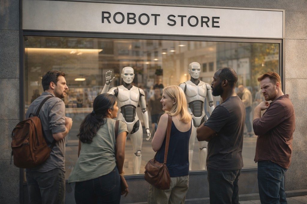 People looking at humanoid robots on display in a robot store.
